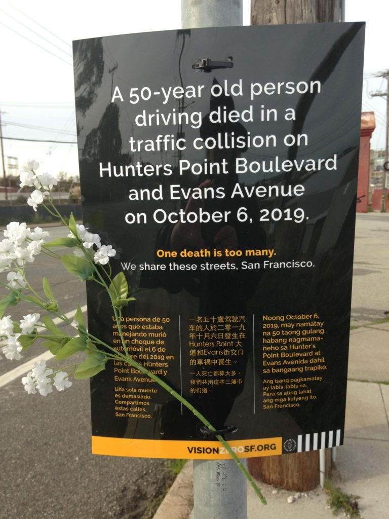 Memorial poster to Lee Dominique Jr placed by Vision Zero SF